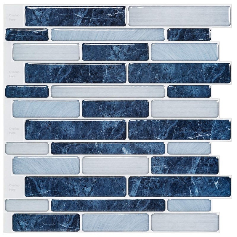 LONGKING Self-Adhesive Kitchen Backsplash, Marble Look Decorative Tiles (10 Tiles) (Dark Blue) - Image 1